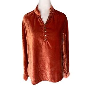 Anthropologie Women’s Small Velvet Henley Blouse Top Rust Burnt Orange Boho